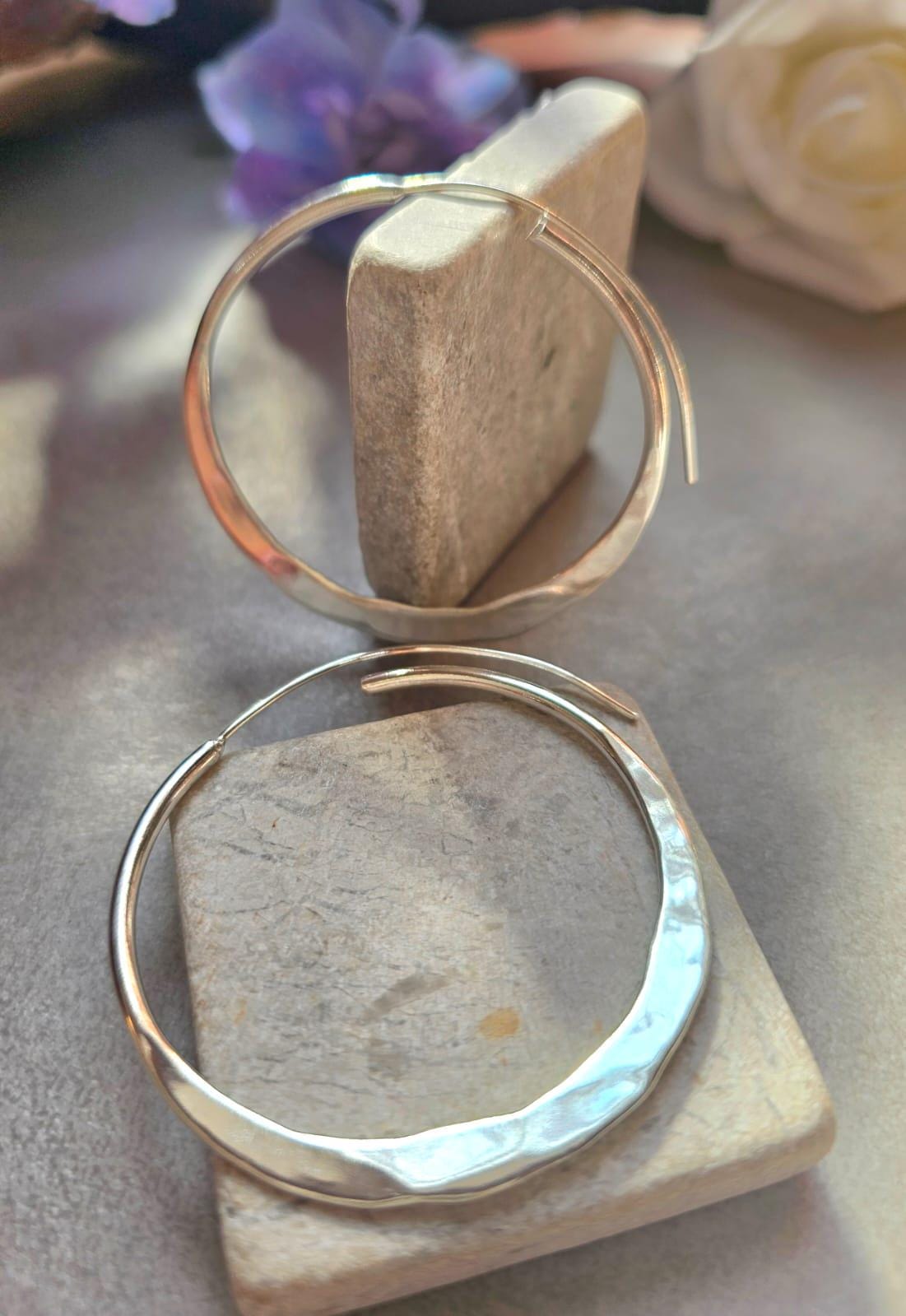 Statement Silver Hoop Earrings 5cm | Hammered Effect Silver Plated Hoops | Lightweight Bold Earrings | Modern Jewellery | Nickel Free
