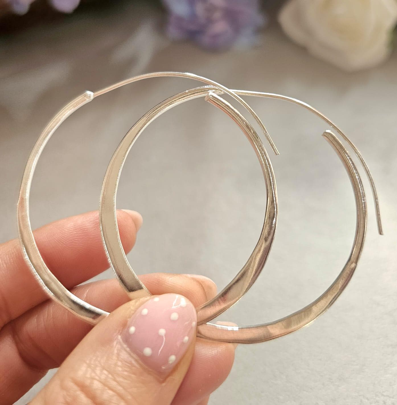 Extra Large Silver Hoop Earrings 5.5cm | Hammered Effect Statement Hoops | Lightweight Silver Plated Jewellery | Nickel Free