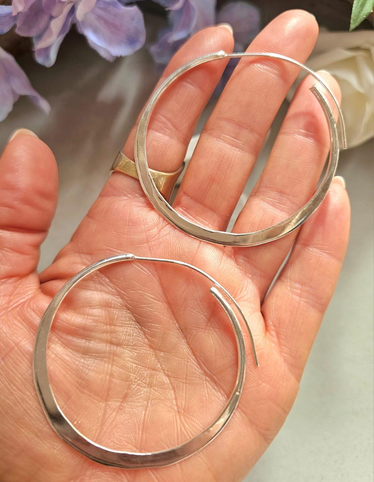 Extra Large Silver Hoop Earrings 5.5cm | Hammered Effect Statement Hoops | Lightweight Silver Plated Jewellery | Nickel Free