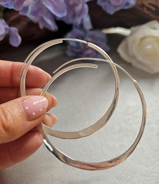 Minimal Silver Hoop Earrings 6cm | Soft Curve Textured Hoops | Lightweight Everyday Statement | Nickel Free