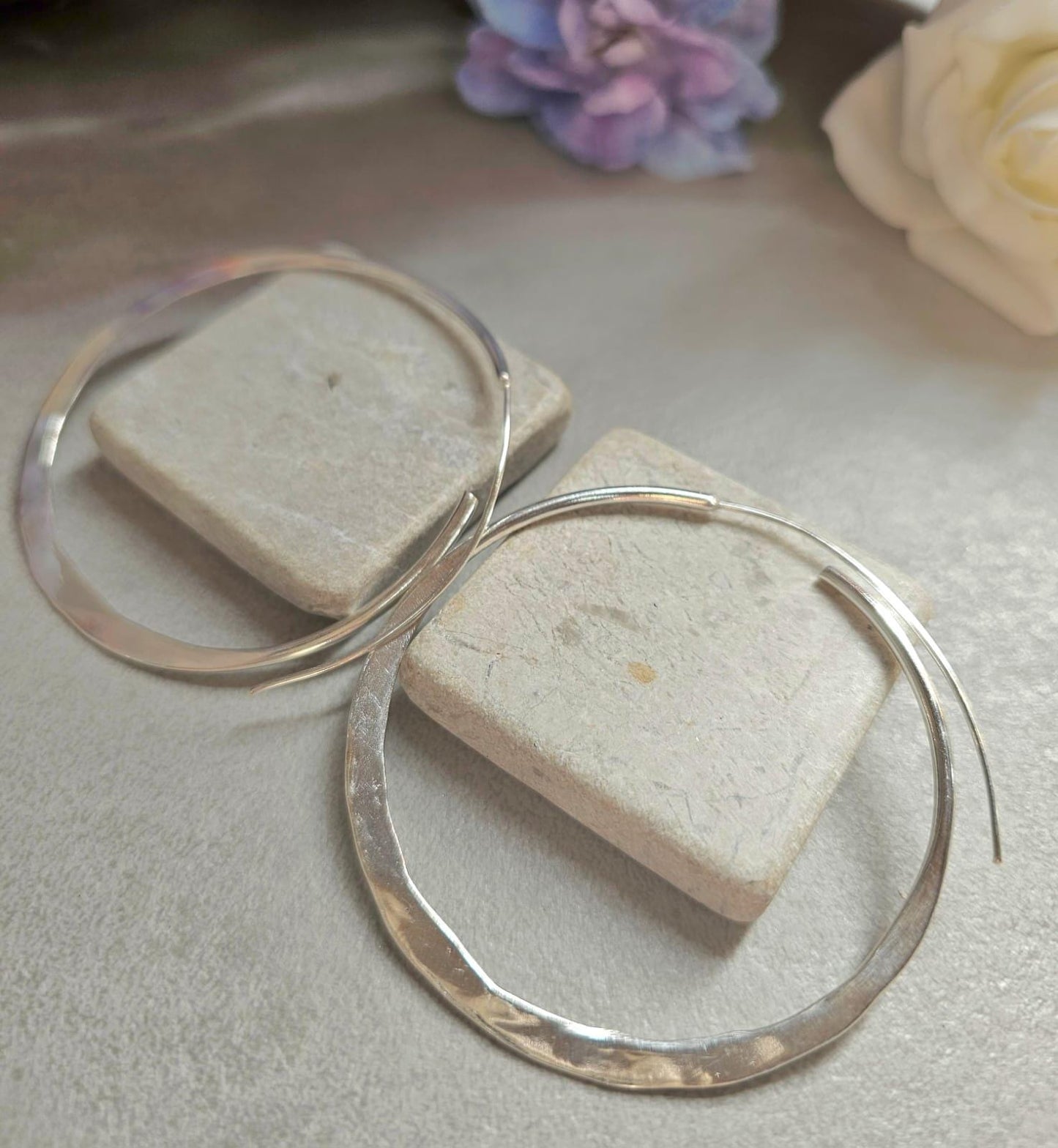 6.5cm Silver Hoop Earrings | Oversized Hammered Effect Hoops | Lightweight Statement Silver Plated Earrings
