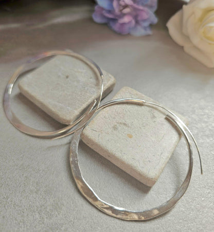 6.5cm Silver Hoop Earrings | Oversized Hammered Effect Hoops | Lightweight Statement Silver Plated Earrings