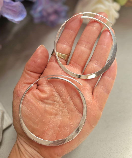 6.5cm Silver Hoop Earrings | Oversized Hammered Effect Hoops | Lightweight Statement Silver Plated Earrings
