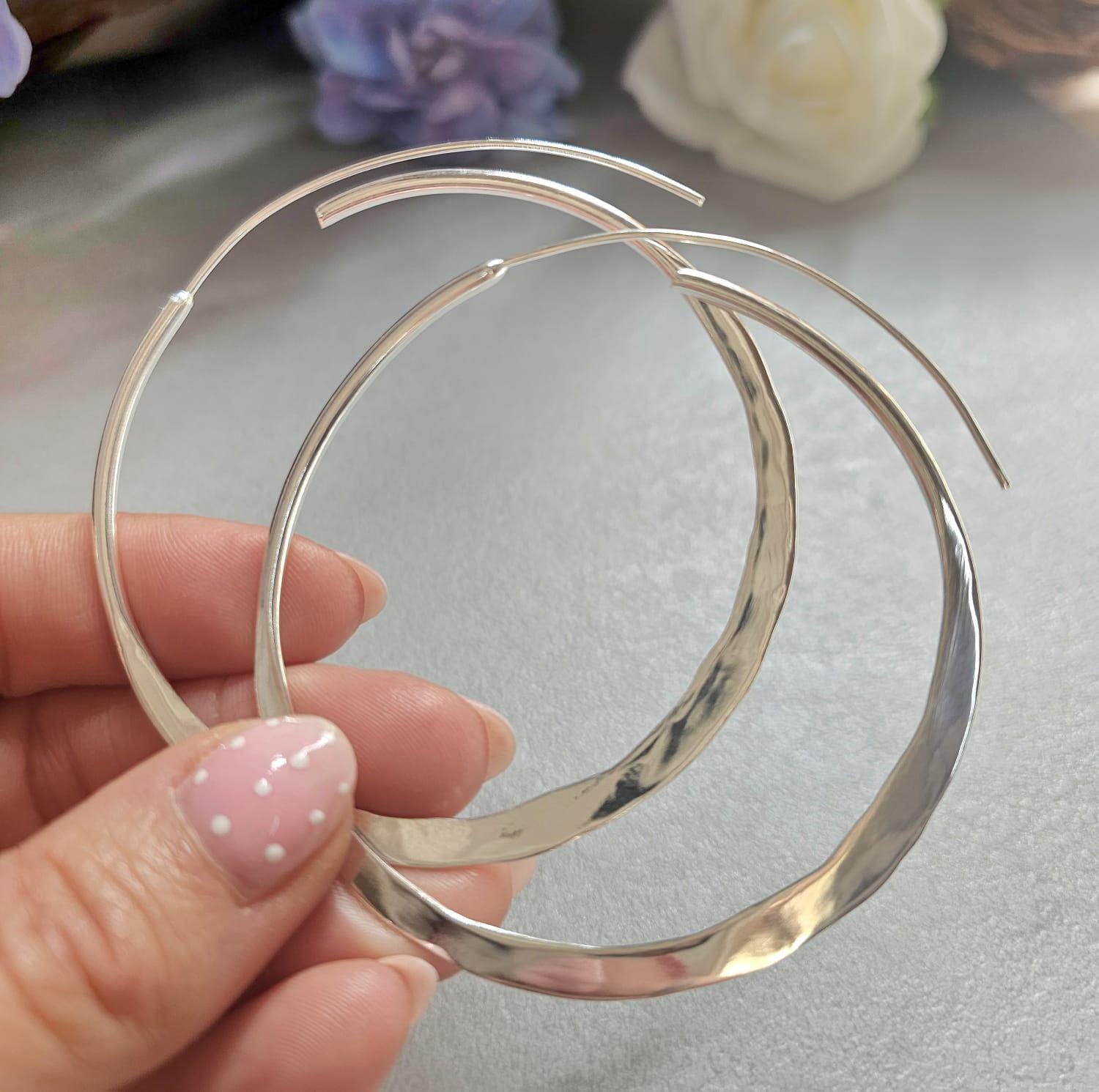 6.5cm Silver Hoop Earrings | Oversized Hammered Effect Hoops | Lightweight Statement Silver Plated Earrings