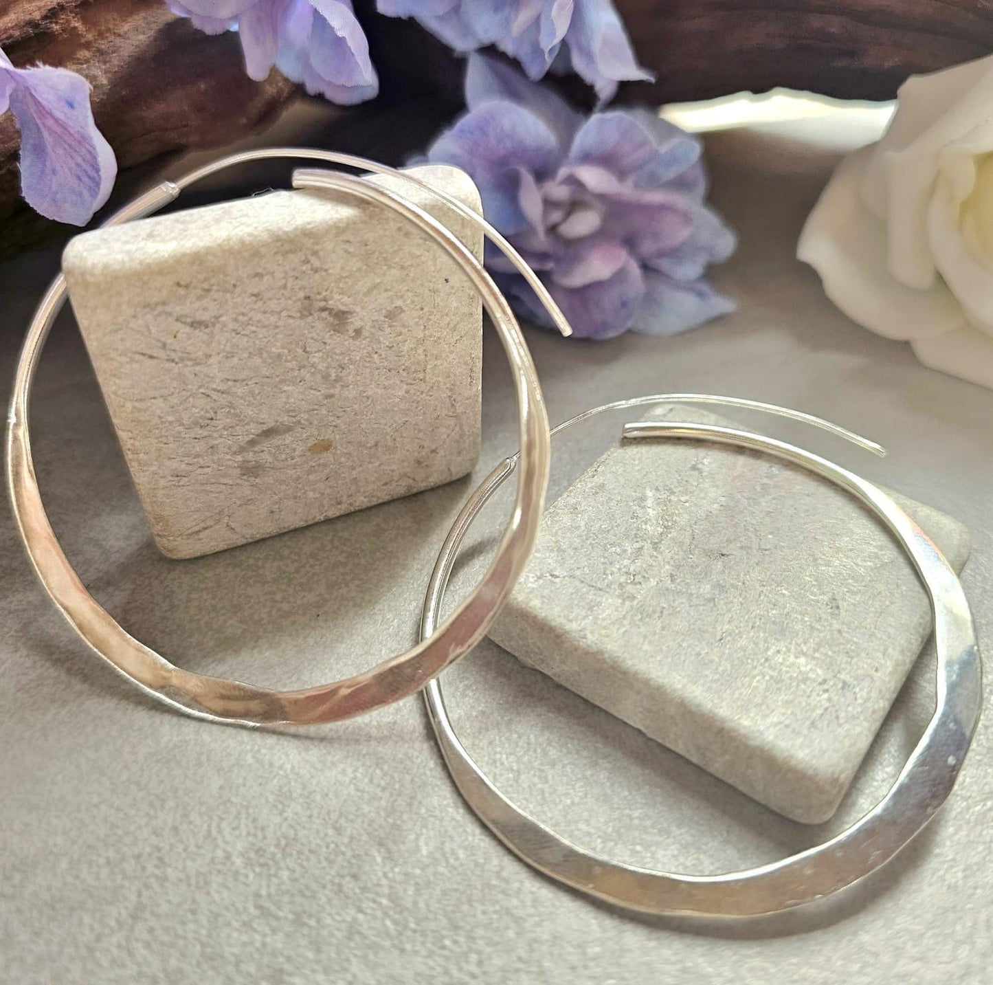 6.5cm Silver Hoop Earrings | Oversized Hammered Effect Hoops | Lightweight Statement Silver Plated Earrings