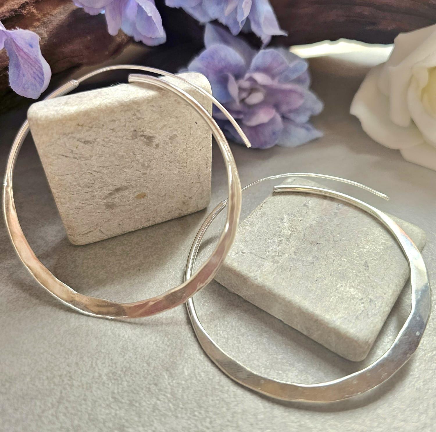 6.5cm Silver Hoop Earrings | Oversized Hammered Effect Hoops | Lightweight Statement Silver Plated Earrings