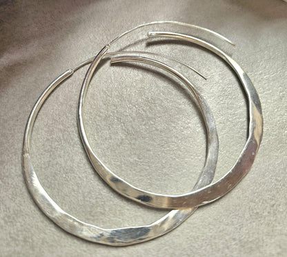6.5cm Silver Hoop Earrings | Oversized Hammered Effect Hoops | Lightweight Statement Silver Plated Earrings