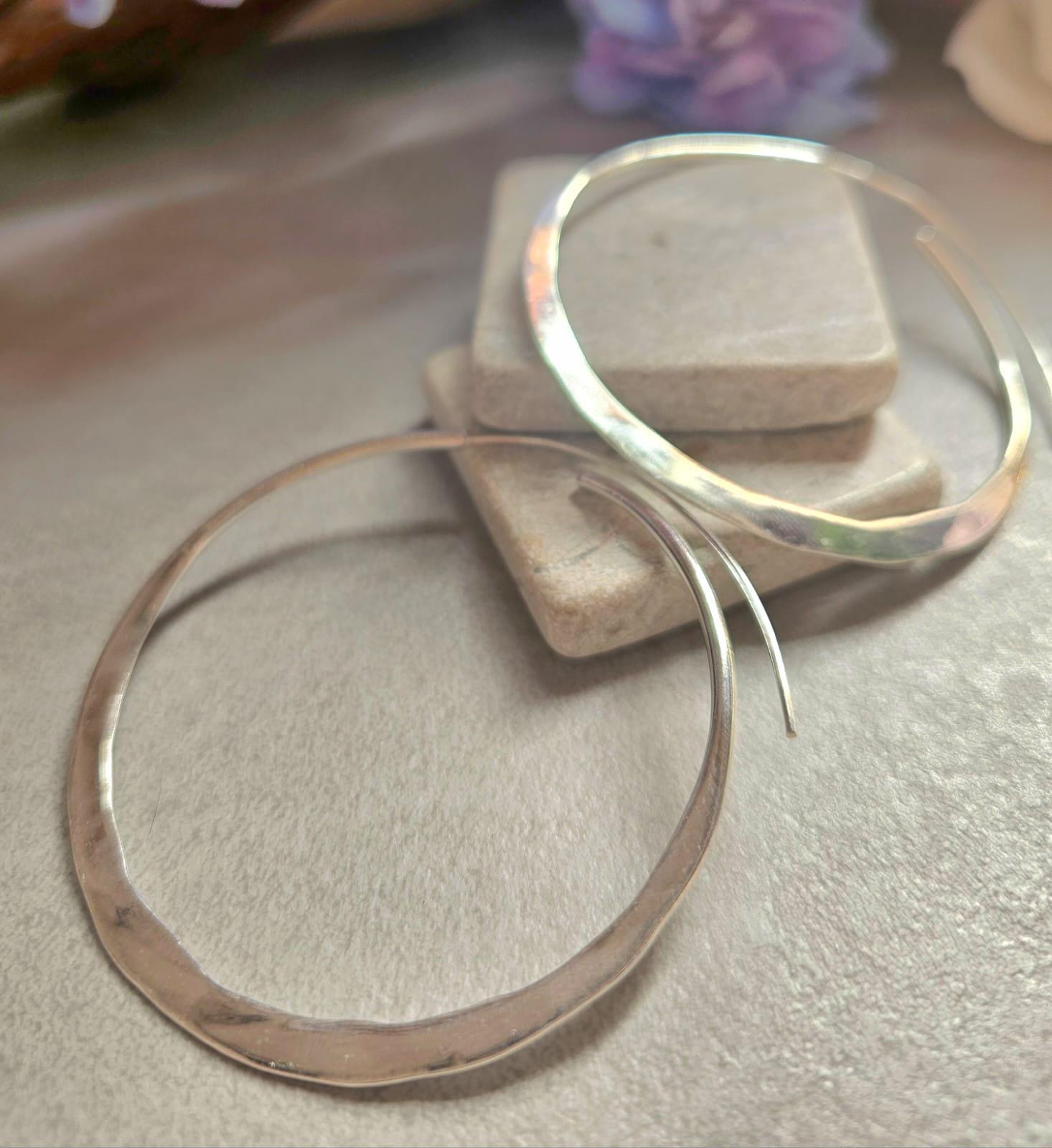 6.5cm Silver Hoop Earrings | Oversized Hammered Effect Hoops | Lightweight Statement Silver Plated Earrings