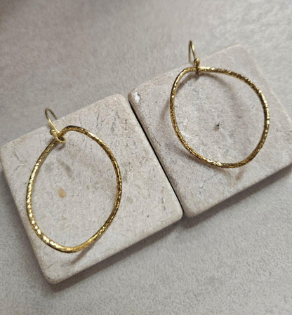 Irregular Brass Hoop Earrings, Oval Hoops, Dangle Earrings, Minimalist Gold Tone Jewellery, Nickel Free Gift for Her / Festival jewellery