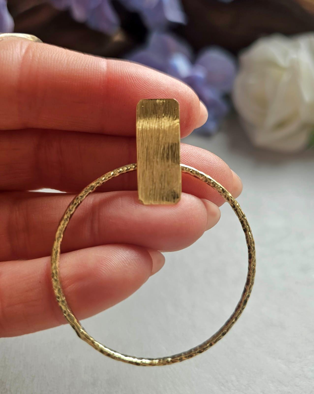 Face Forward Hoop Earrings, Raw Brass Statement Hoops, Geometric Bar Stud Hoops, Hammered Circle Earrings, Modern Minimalist Jewellery
