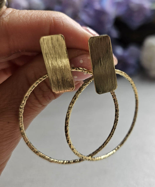 Face Forward Hoop Earrings, Raw Brass Statement Hoops, Geometric Bar Stud Hoops, Hammered Circle Earrings, Modern Minimalist Jewellery