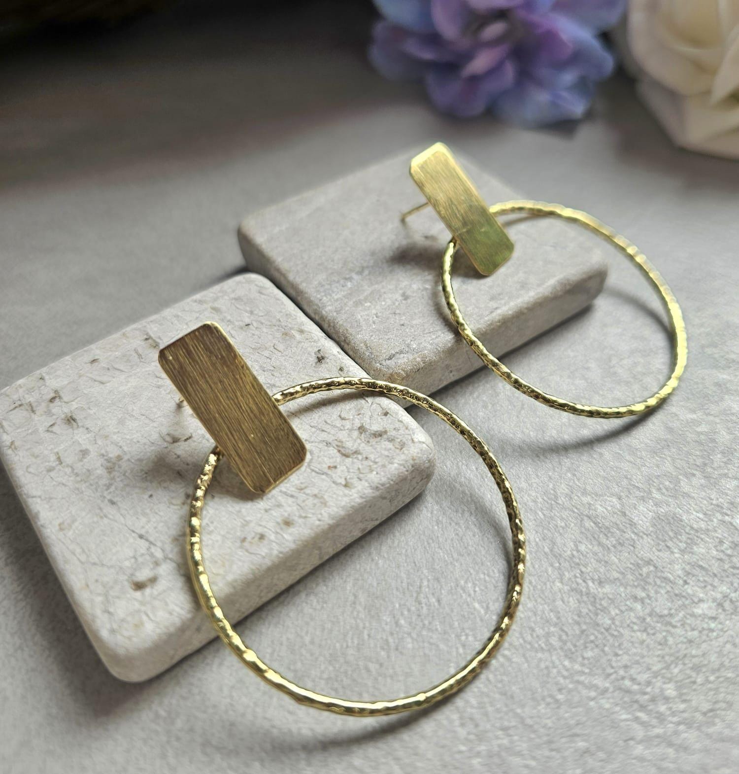 Face Forward Hoop Earrings, Raw Brass Statement Hoops, Geometric Bar Stud Hoops, Hammered Circle Earrings, Modern Minimalist Jewellery