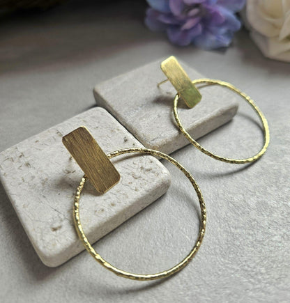 Face Forward Hoop Earrings, Raw Brass Statement Hoops, Geometric Bar Stud Hoops, Hammered Circle Earrings, Modern Minimalist Jewellery