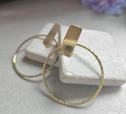 Face Forward Hoop Earrings, Raw Brass Statement Hoops, Geometric Bar Stud Hoops, Hammered Circle Earrings, Modern Minimalist Jewellery