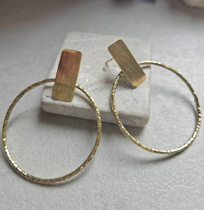 Face Forward Hoop Earrings, Raw Brass Statement Hoops, Geometric Bar Stud Hoops, Hammered Circle Earrings, Modern Minimalist Jewellery