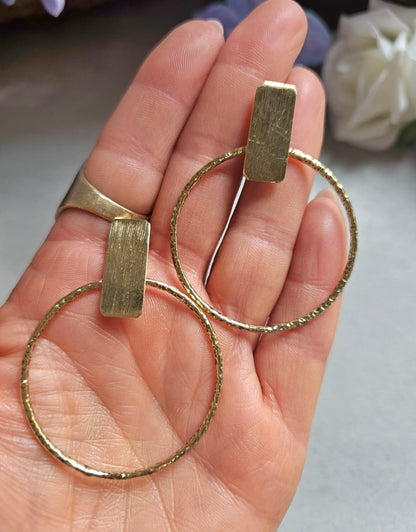 Face Forward Hoop Earrings, Raw Brass Statement Hoops, Geometric Bar Stud Hoops, Hammered Circle Earrings, Modern Minimalist Jewellery