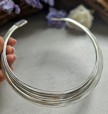 Silver Layered Choker Necklace, Multi Strand Choker, Statement Collar Necklace, Stacked Wire Necklace, Minimalist Silver Jewellery, Nickel F
