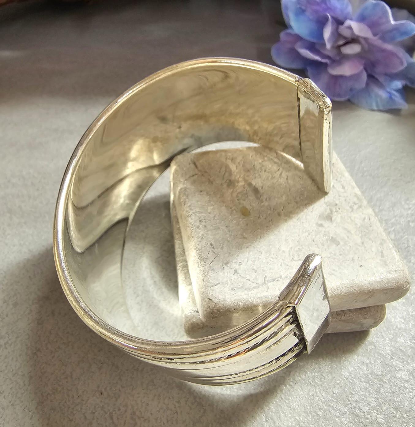Textured Silver Plated Cuff Bracelet, Bold Statement Bangle, Adjustable Open Design