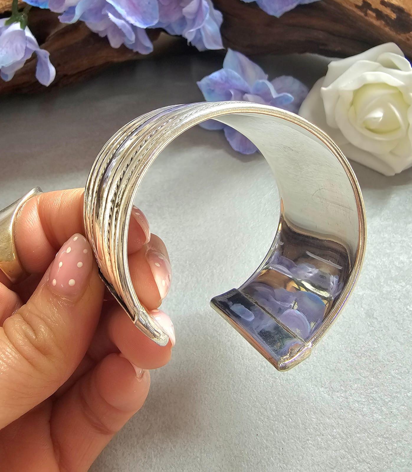 Textured Silver Plated Cuff Bracelet, Bold Statement Bangle, Adjustable Open Design