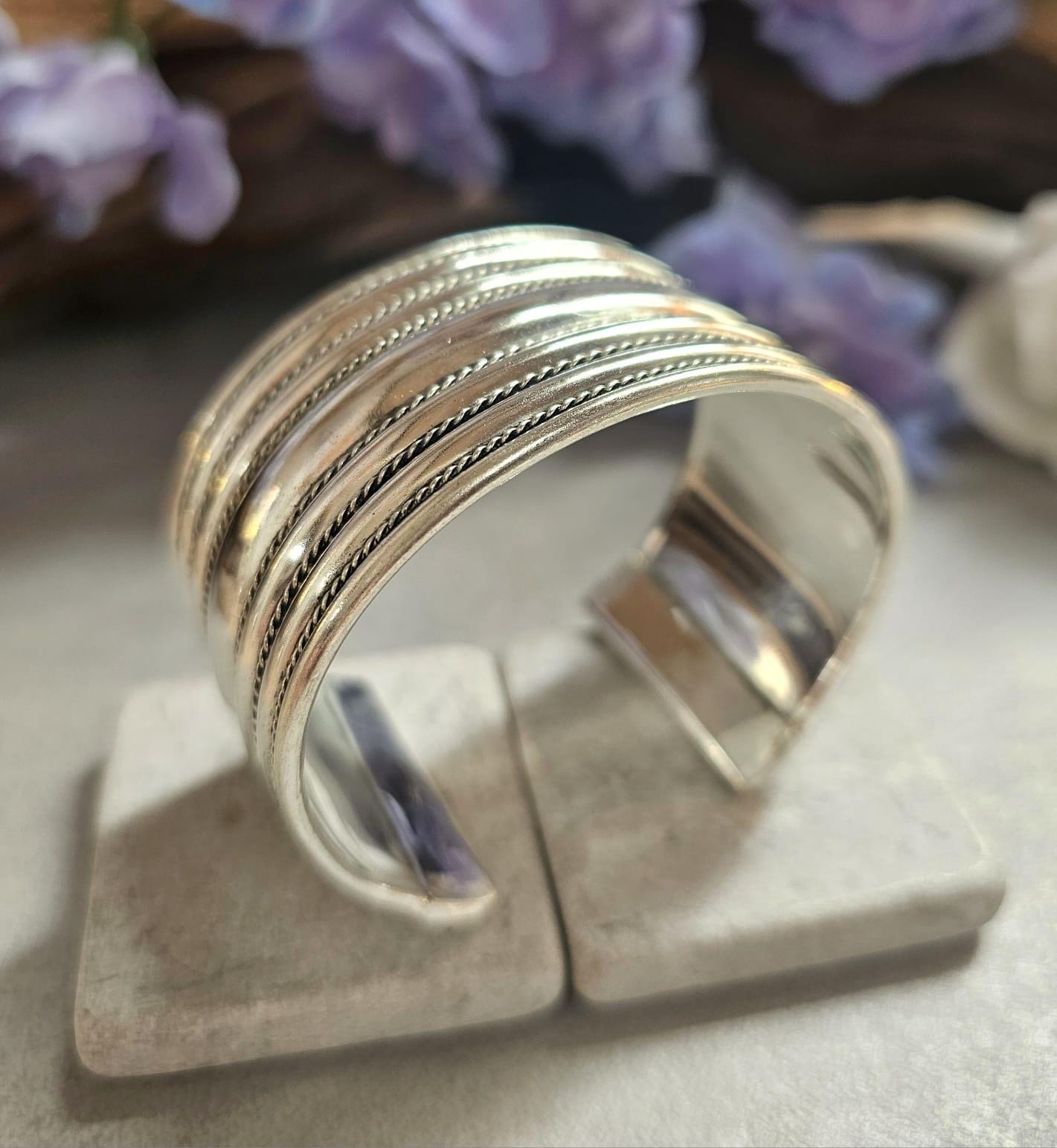 Textured Silver Plated Cuff Bracelet, Bold Statement Bangle, Adjustable Open Design
