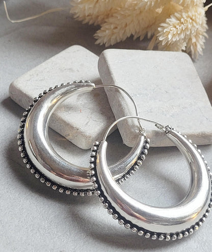 Large Silver Plated Hoop Earrings 4.5cm | Boho Statement Hoops | Beaded Edge Silver Earrings | Everyday Jewellery