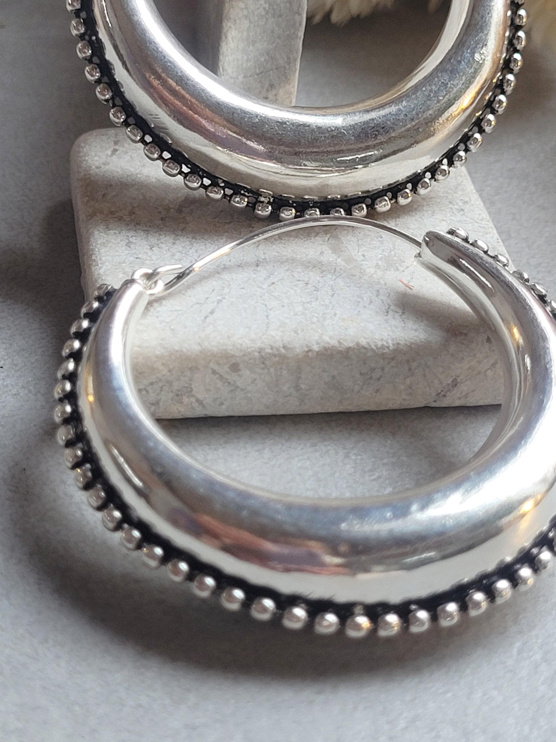 Large Silver Plated Hoop Earrings 4.5cm | Boho Statement Hoops | Beaded Edge Silver Earrings | Everyday Jewellery