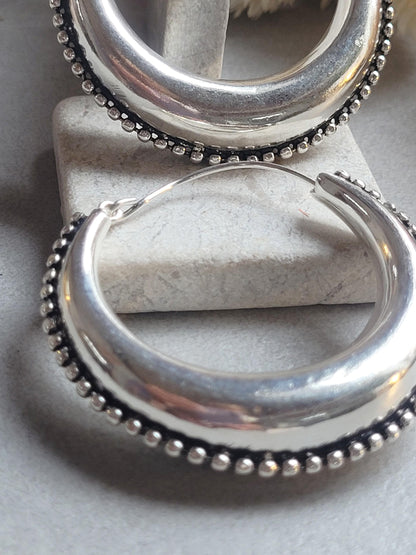 Large Silver Plated Hoop Earrings 4.5cm | Boho Statement Hoops | Beaded Edge Silver Earrings | Everyday Jewellery