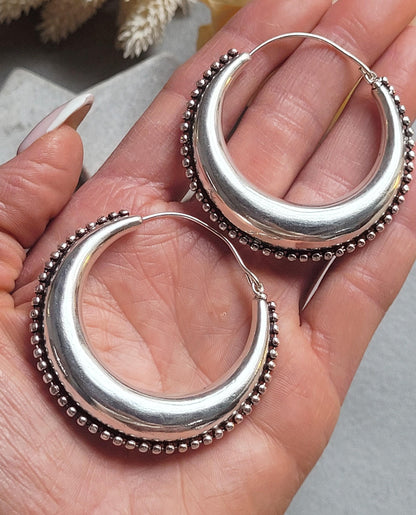 Large Silver Plated Hoop Earrings 4.5cm | Boho Statement Hoops | Beaded Edge Silver Earrings | Everyday Jewellery