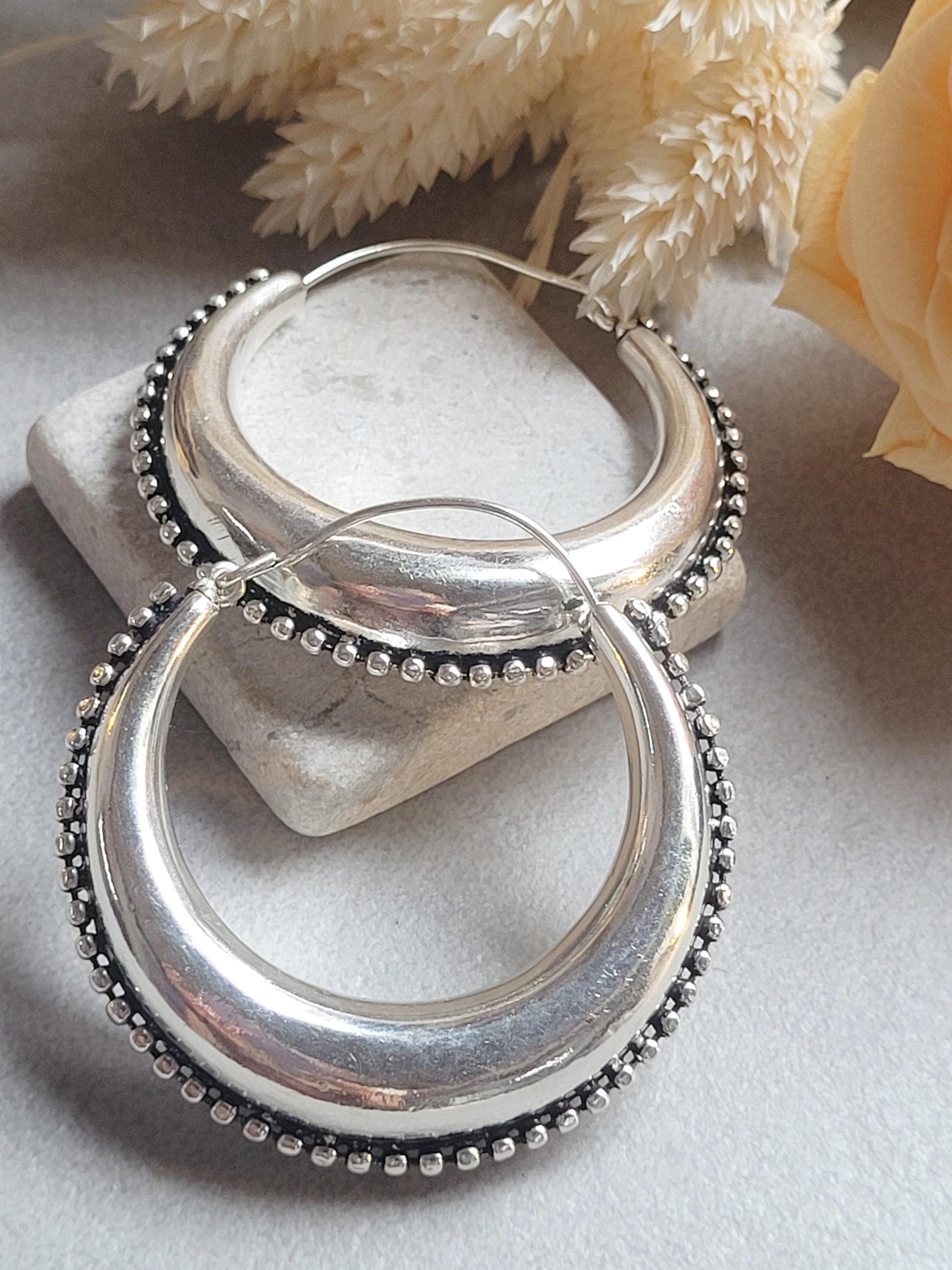 Large Silver Plated Hoop Earrings 4.5cm | Boho Statement Hoops | Beaded Edge Silver Earrings | Everyday Jewellery