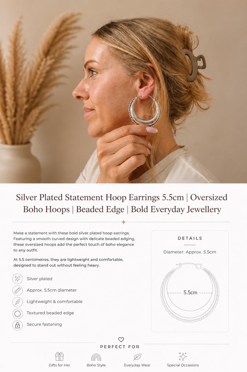 Large Silver Plated Hoop Earrings 4.5cm | Boho Statement Hoops | Beaded Edge Silver Earrings | Everyday Jewellery