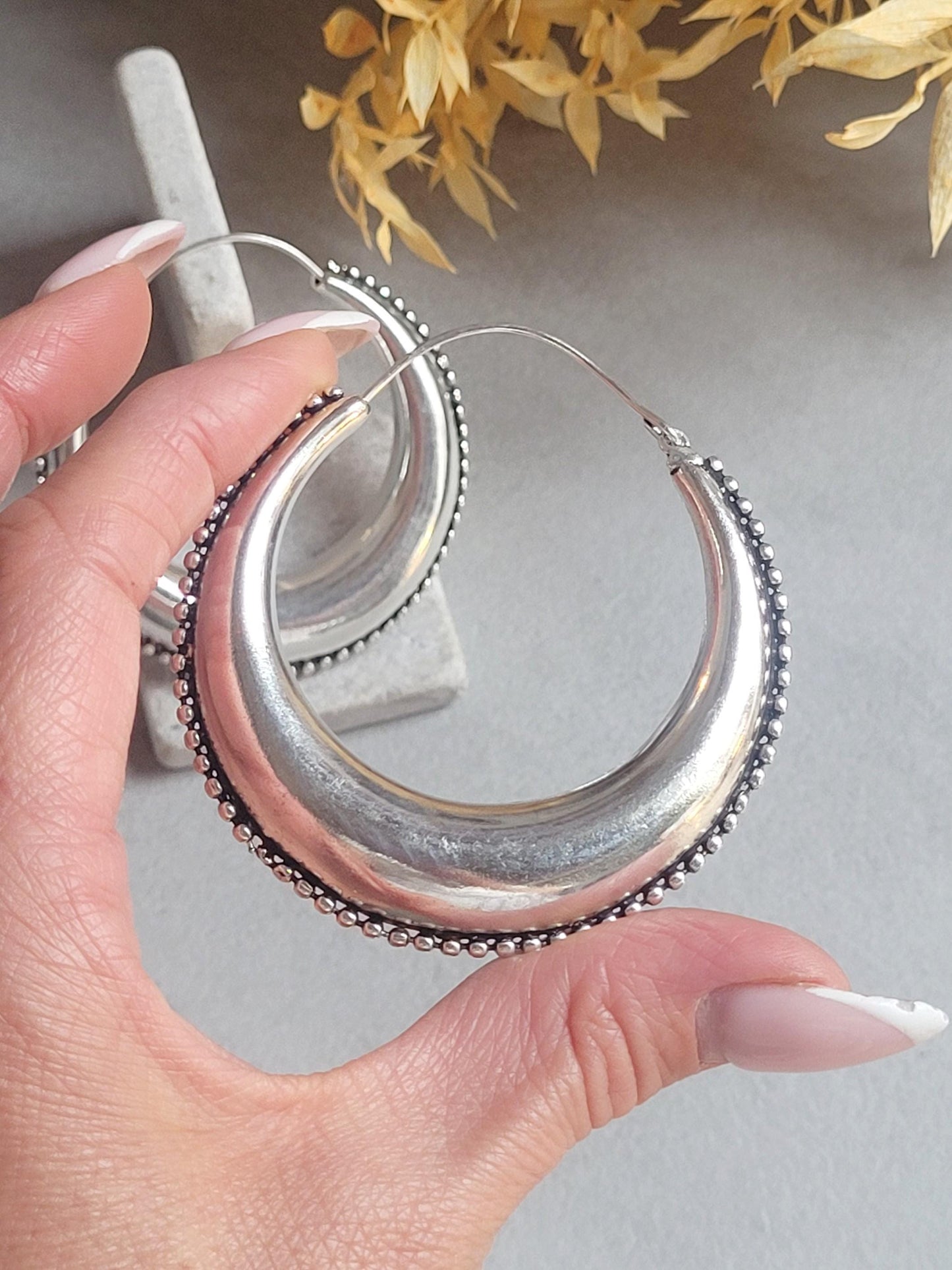Extra Large Silver Plated Hoop Earrings 6.5cm | Oversized Boho Hoops | Textured Beaded Edge | Bold Statement Silver Jewellery