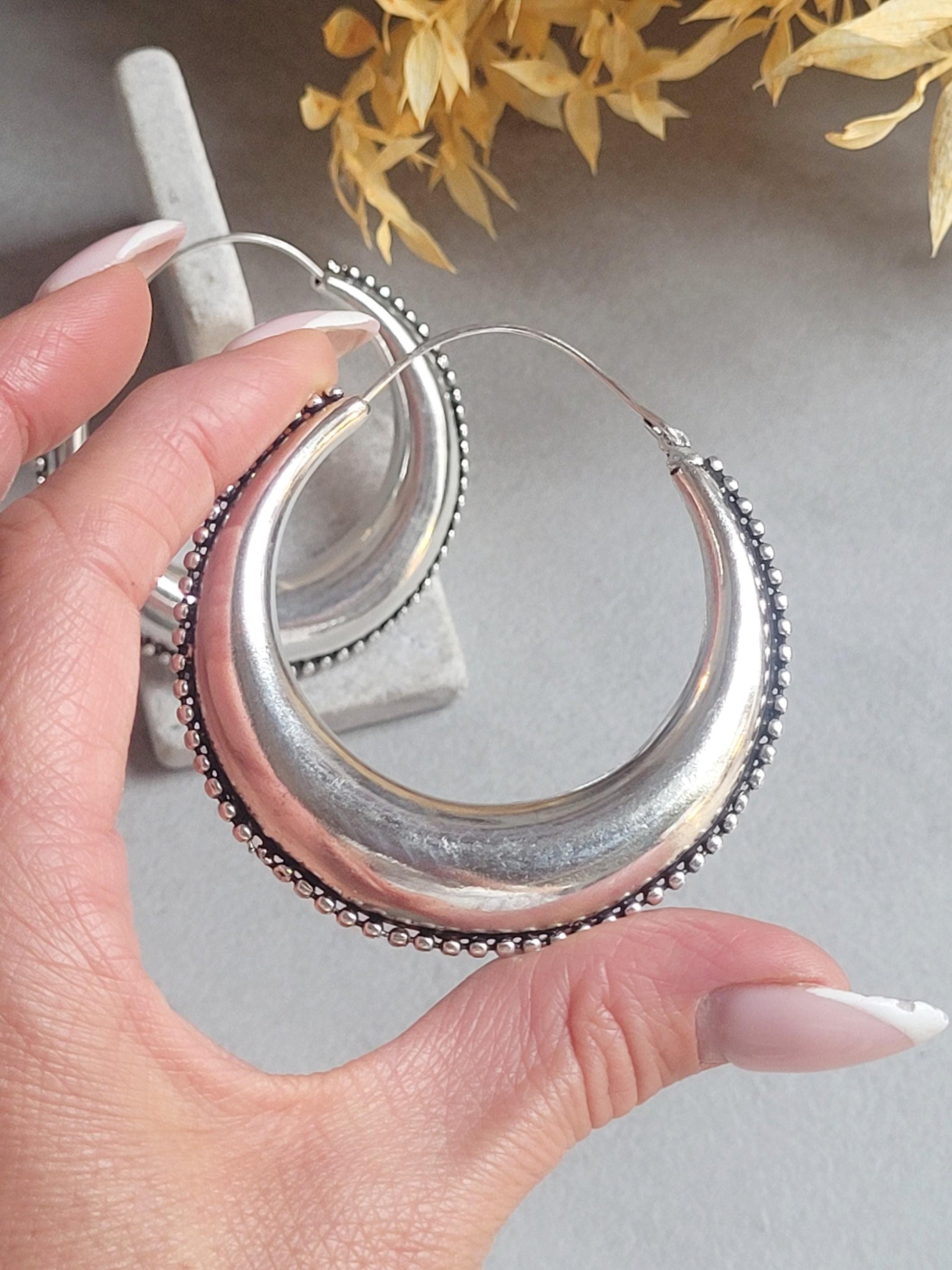 Extra Large Silver Plated Hoop Earrings 6.5cm | Oversized Boho Hoops | Textured Beaded Edge | Bold Statement Silver Jewellery