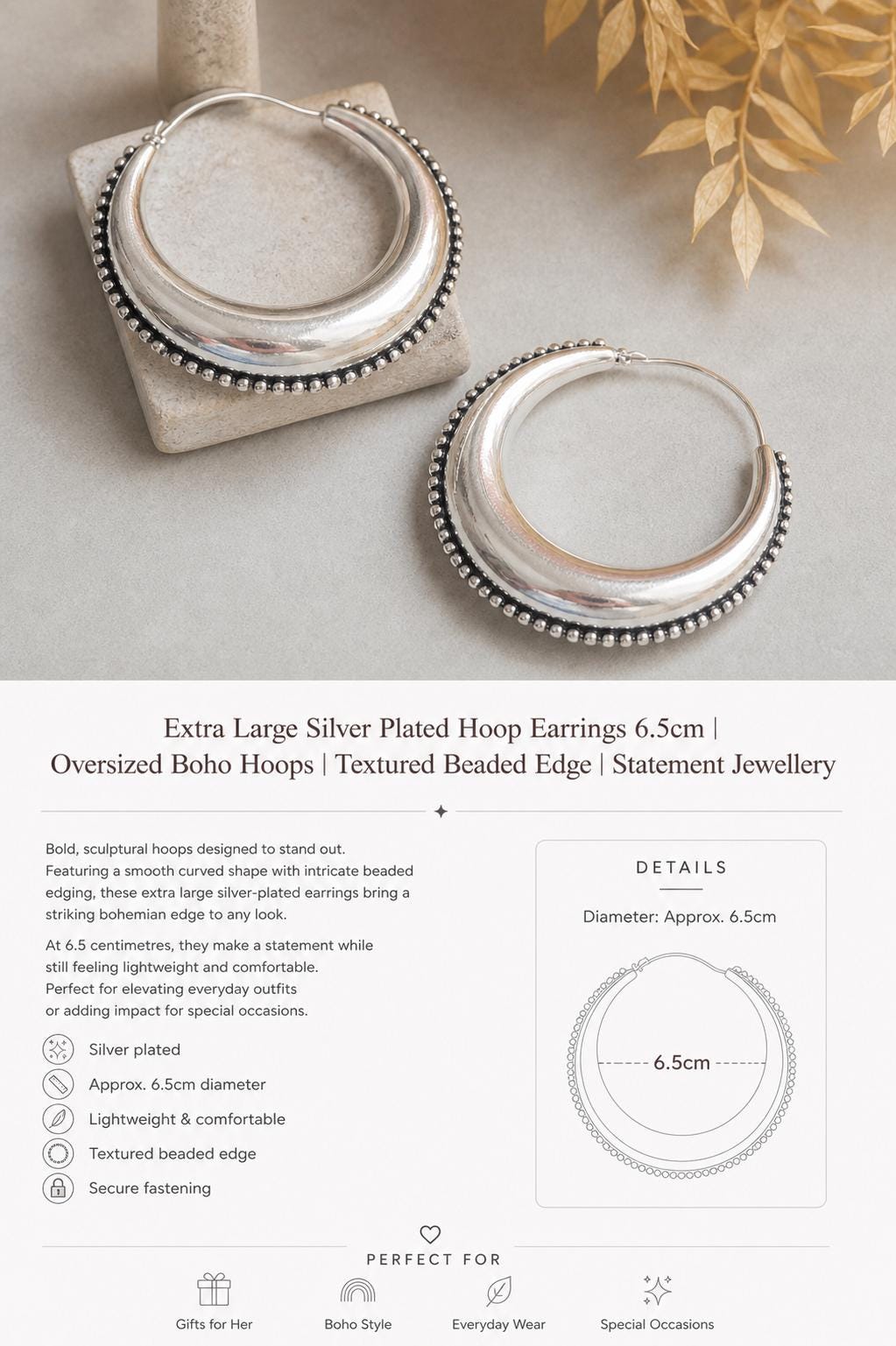Extra Large Silver Plated Hoop Earrings 6.5cm | Oversized Boho Hoops | Textured Beaded Edge | Bold Statement Silver Jewellery
