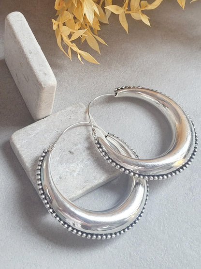 Extra Large Silver Plated Hoop Earrings 6.5cm | Oversized Boho Hoops | Textured Beaded Edge | Bold Statement Silver Jewellery