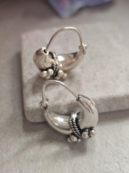 Silver Plated Boho Hoop Earrings | Chunky Bali Style Hoops | Tribal Festival Earrings