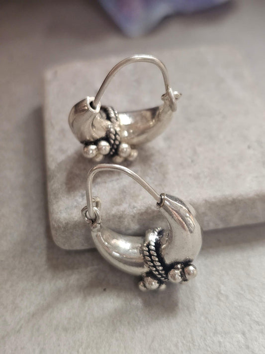Silver Plated Boho Hoop Earrings | Chunky Bali Style Hoops | Tribal Festival Earrings