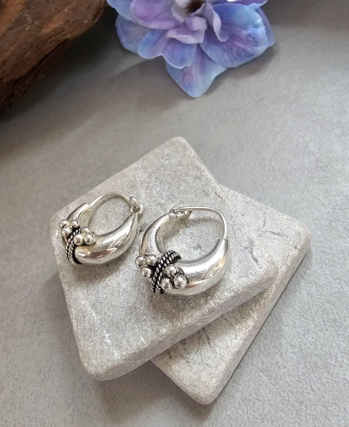 Silver Plated Boho Hoop Earrings | Chunky Bali Style Hoops | Tribal Festival Earrings