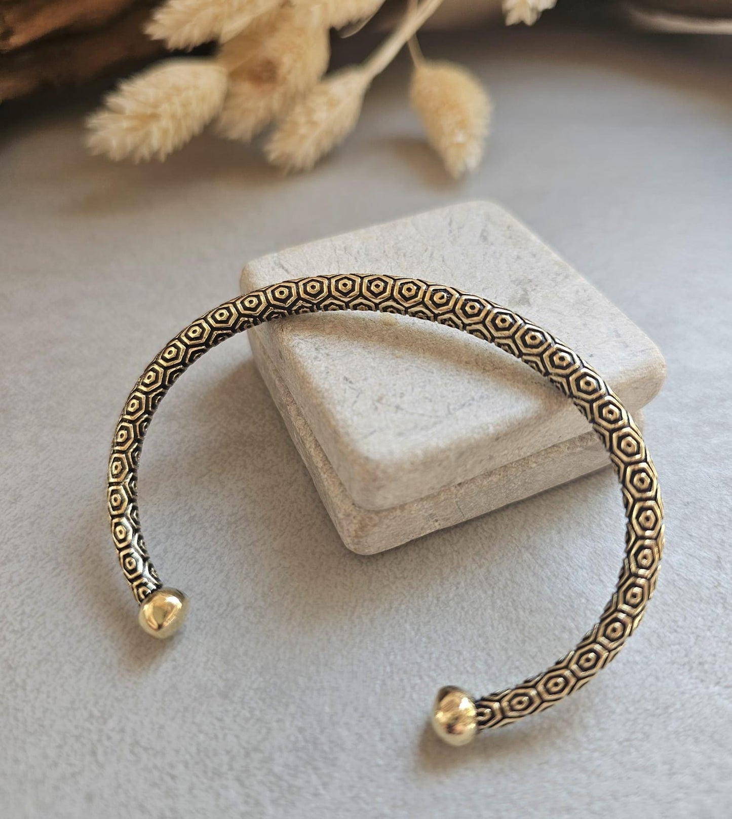 Raw Brass Cuff Bracelet | Bohemian Adjustable Bangle | Engraved Tribal Bracelet