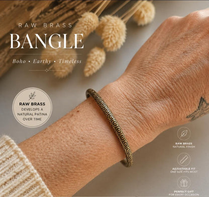 Raw Brass Cuff Bracelet | Bohemian Adjustable Bangle | Engraved Tribal Bracelet
