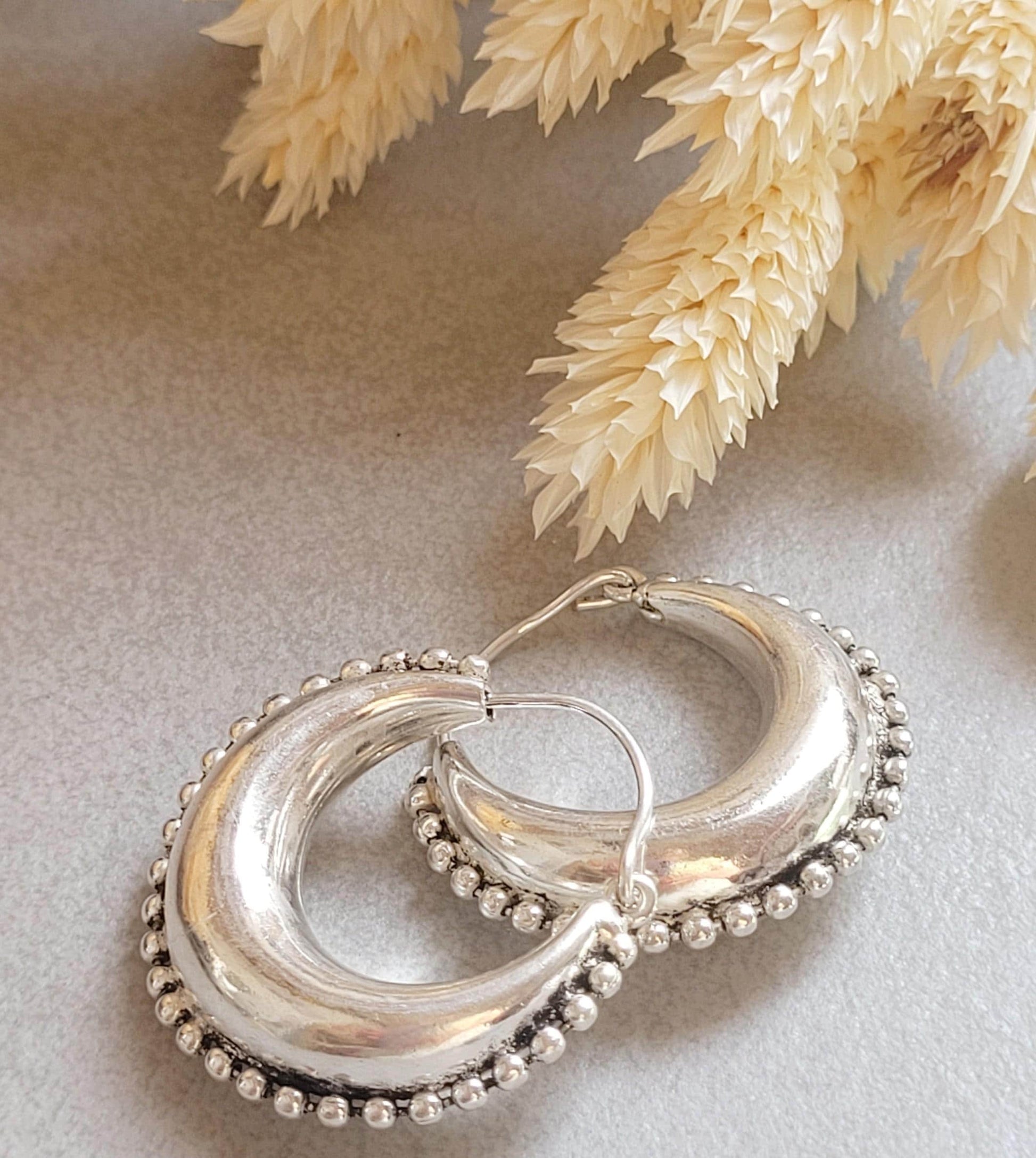 Silver Plated Boho Hoop Earrings 3.5cm | Textured Beaded Hoops | Statement Silver Earrings | Everyday Jewellery Gift