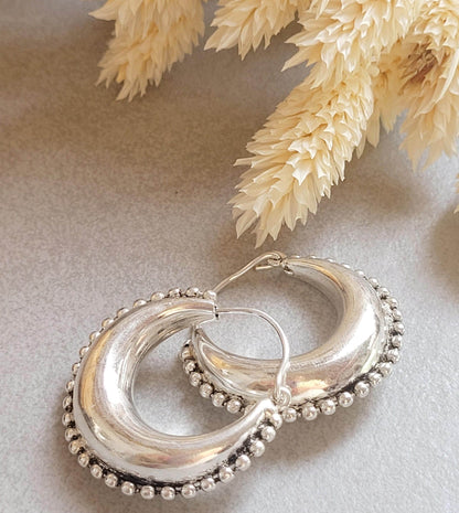Silver Plated Boho Hoop Earrings 3.5cm | Textured Beaded Hoops | Statement Silver Earrings | Everyday Jewellery Gift
