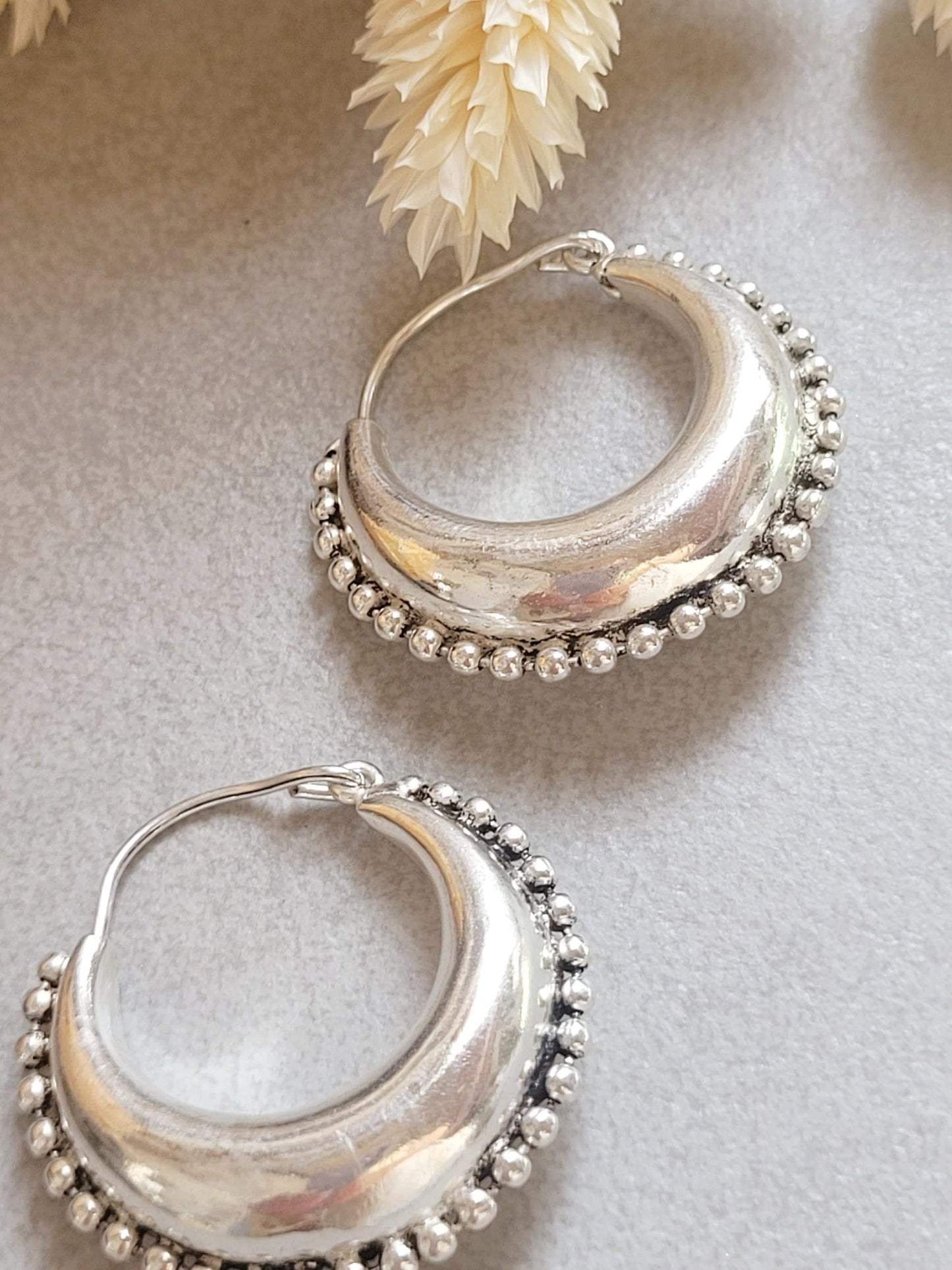 Silver Plated Boho Hoop Earrings 3.5cm | Textured Beaded Hoops | Statement Silver Earrings | Everyday Jewellery Gift