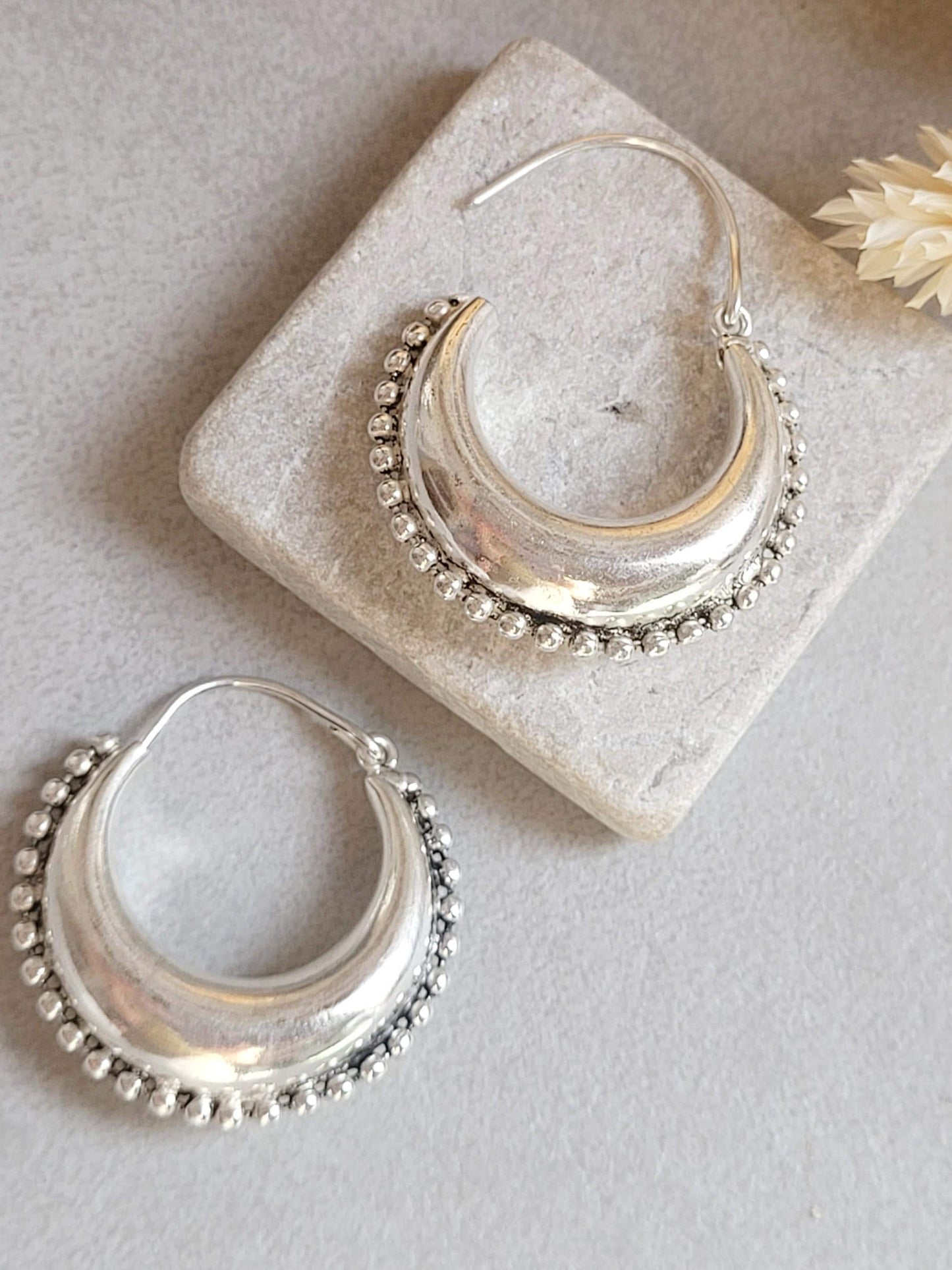 Silver Plated Boho Hoop Earrings 3.5cm | Textured Beaded Hoops | Statement Silver Earrings | Everyday Jewellery Gift