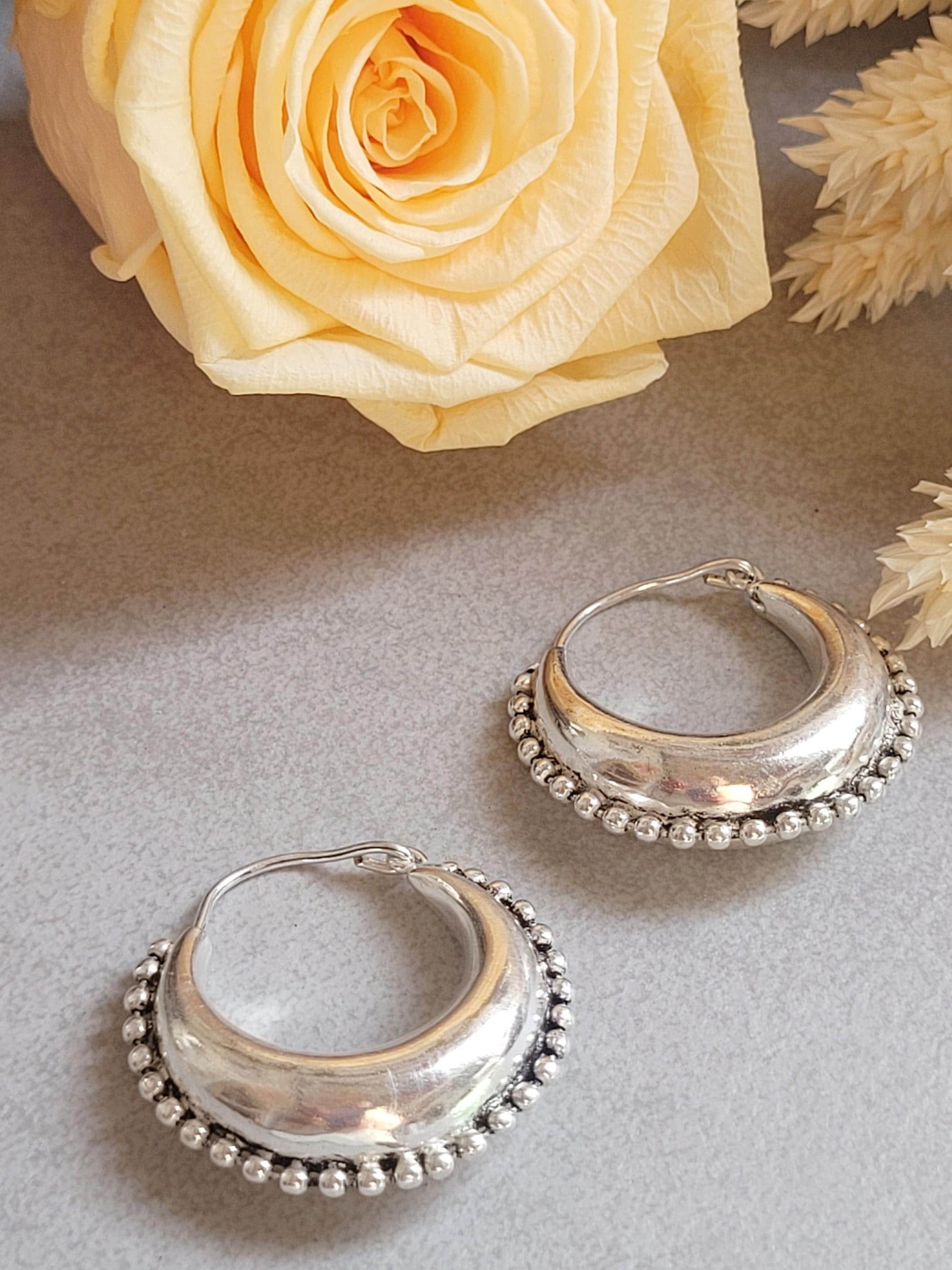 Silver Plated Boho Hoop Earrings 3.5cm | Textured Beaded Hoops | Statement Silver Earrings | Everyday Jewellery Gift