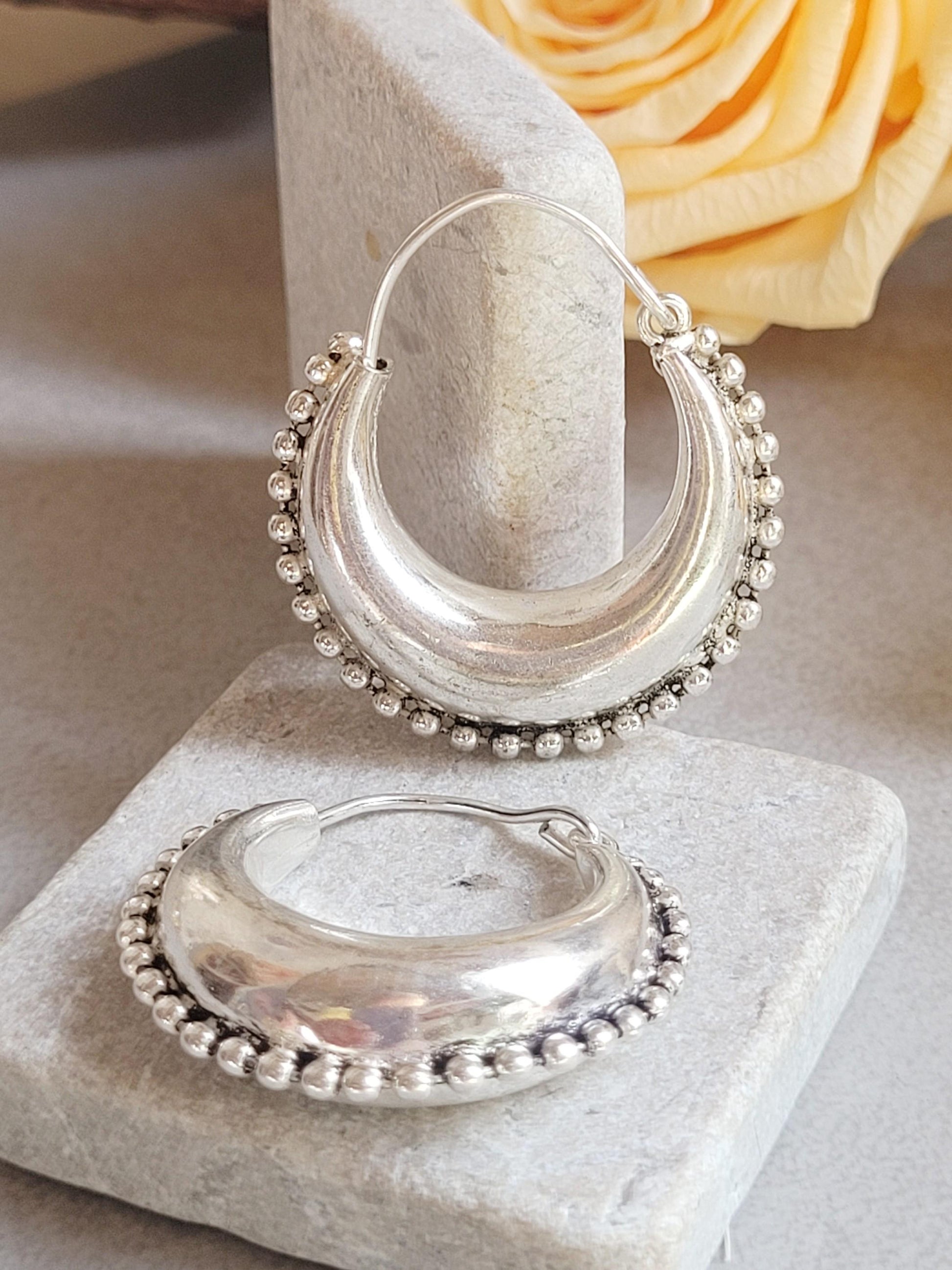 Silver Plated Boho Hoop Earrings 3.5cm | Textured Beaded Hoops | Statement Silver Earrings | Everyday Jewellery Gift