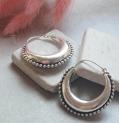 Silver Plated Statement Hoop Earrings 4cm | Boho Textured Hoops | Beaded Edge Earrings | Everyday Silver Jewellery | Gift for Her