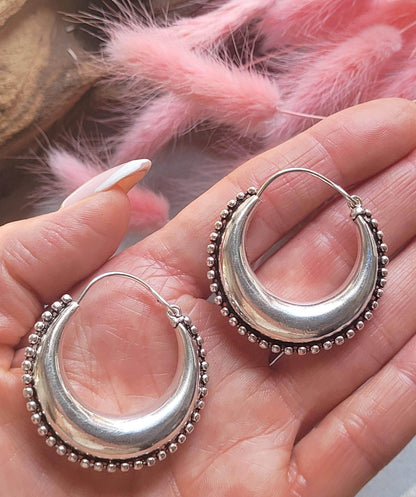Silver Plated Statement Hoop Earrings 4cm | Boho Textured Hoops | Beaded Edge Earrings | Everyday Silver Jewellery | Gift for Her
