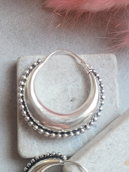 Silver Plated Statement Hoop Earrings 4cm | Boho Textured Hoops | Beaded Edge Earrings | Everyday Silver Jewellery | Gift for Her