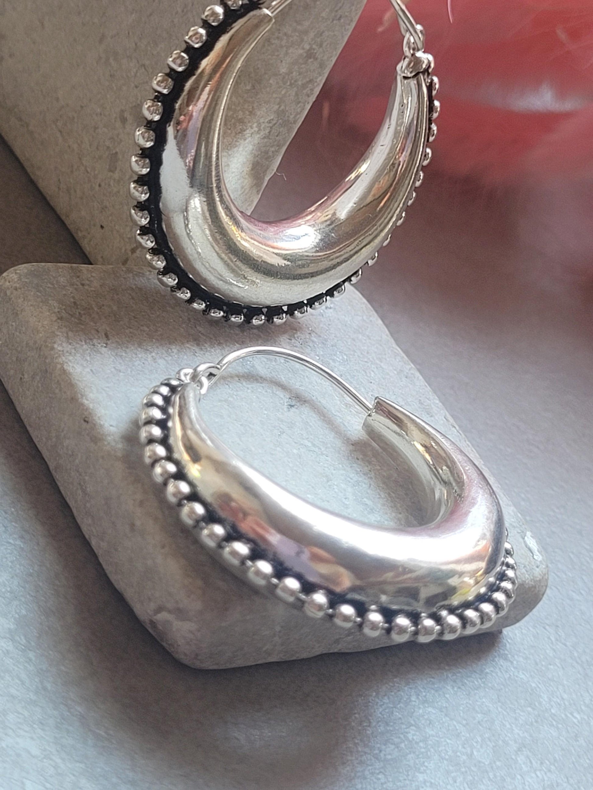 Silver Plated Statement Hoop Earrings 4cm | Boho Textured Hoops | Beaded Edge Earrings | Everyday Silver Jewellery | Gift for Her