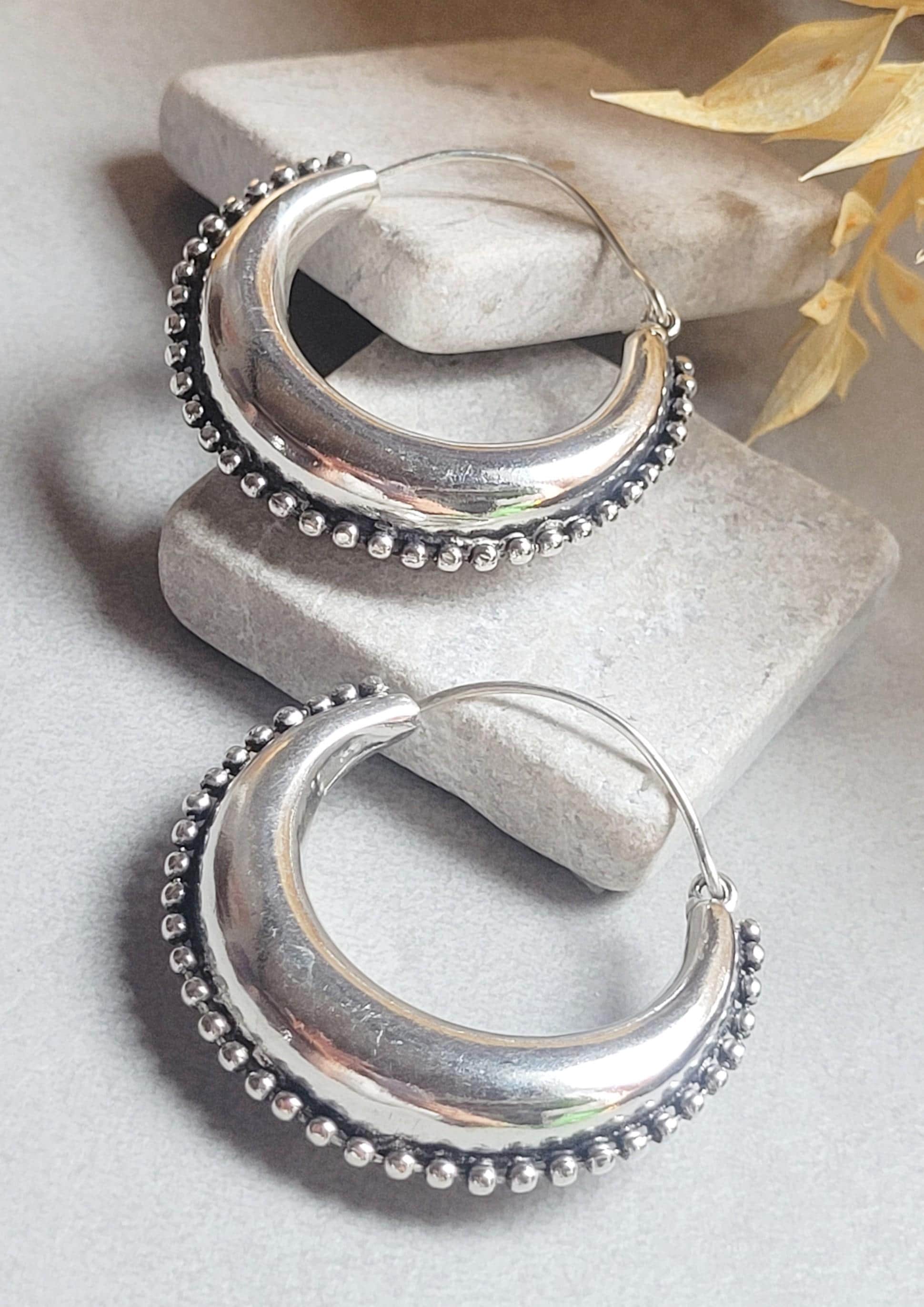 Large Silver Plated Hoop Earrings 4.5cm | Boho Statement Hoops | Beaded Edge Silver Earrings | Everyday Jewellery